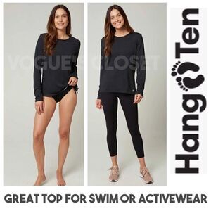 HANG TEN Ladies Long Sleeve Rash Guard Swim Shirt Zip Side Pocket and UPF 50+